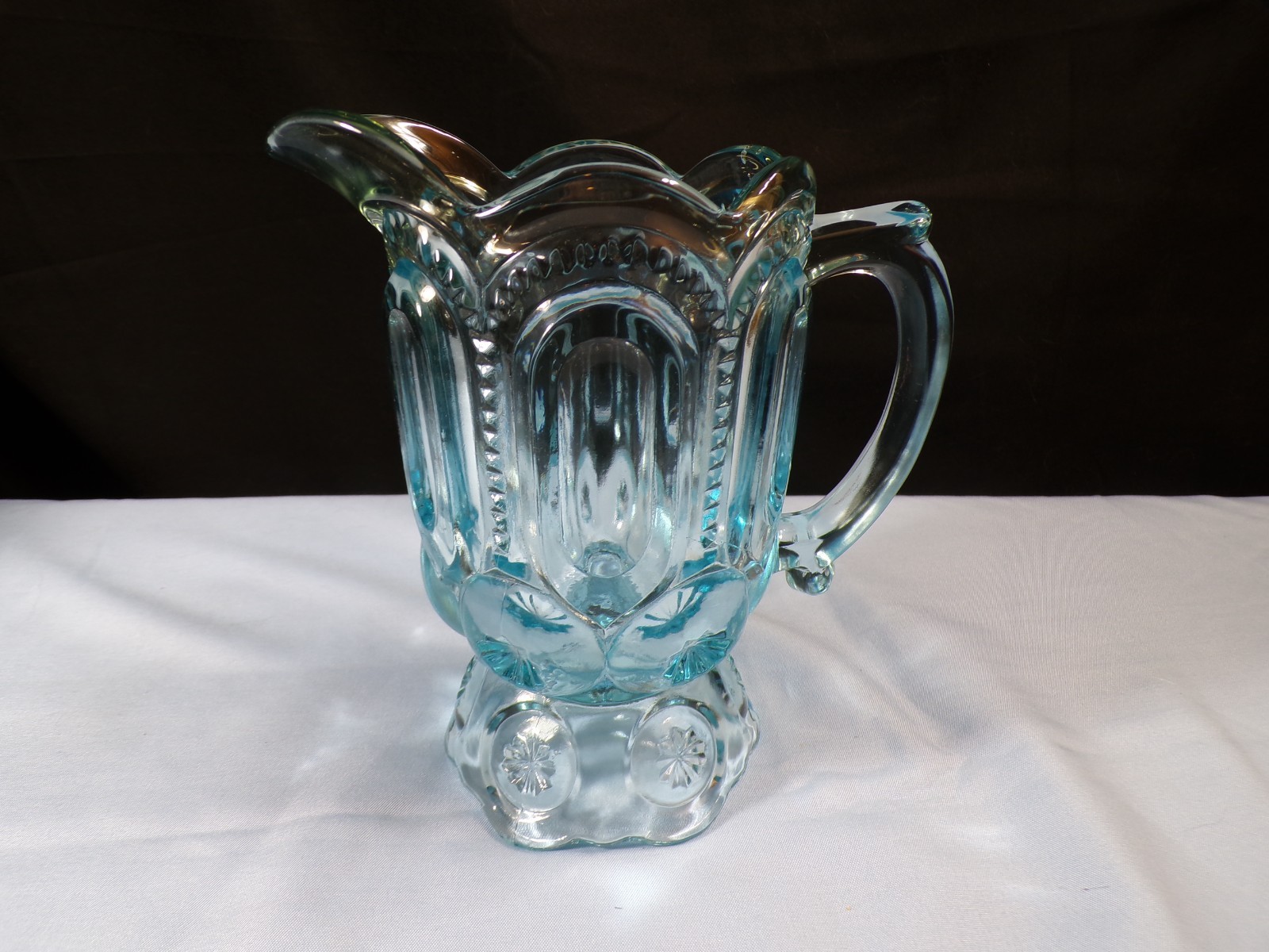 L.E. Smith Light Blue Glass Moon & Stars Creamer or Pitcher 6 1/4″ Tall
