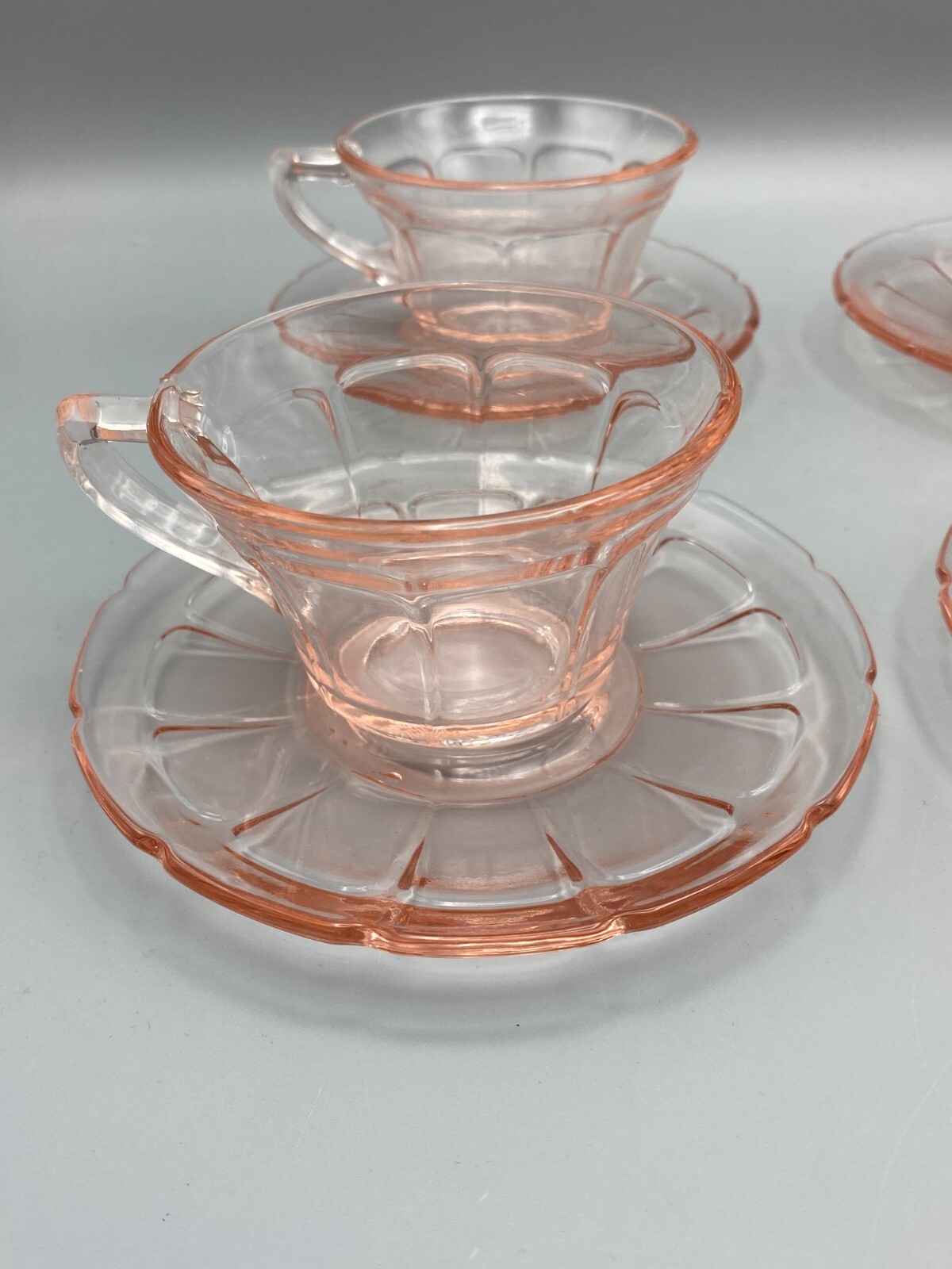 4x VTG Diamond Glass Co. VICTORY Pink Depression Glass Teacup & Saucer Set