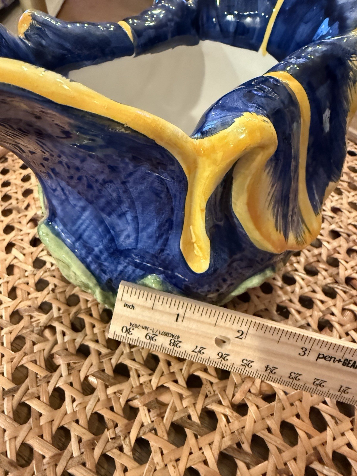 VTG ITALIAN HANDMADE POTTERY IRIS PITCHER MAJOLICA STYLE COBALT BLUE YELLOW