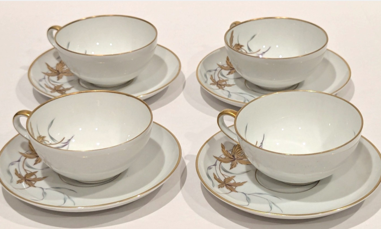 Heinrich GLAMOUR Cups & Saucers Heavy Gold Gilt Porcelain Set/4 Vintage Germany