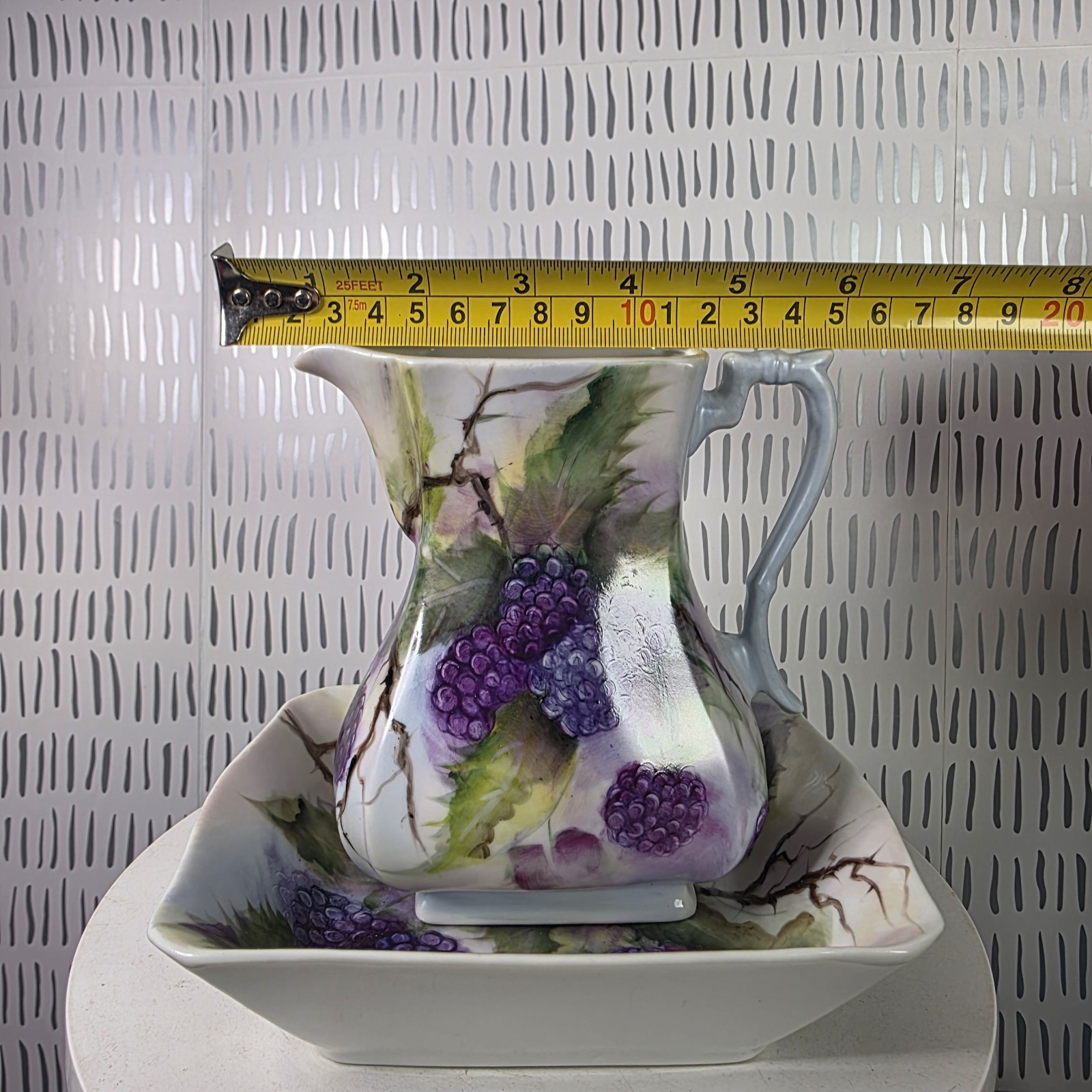 Vintage Artist Signed Hand Painted Porcelain Pitcher & Tray Blackberry Grape