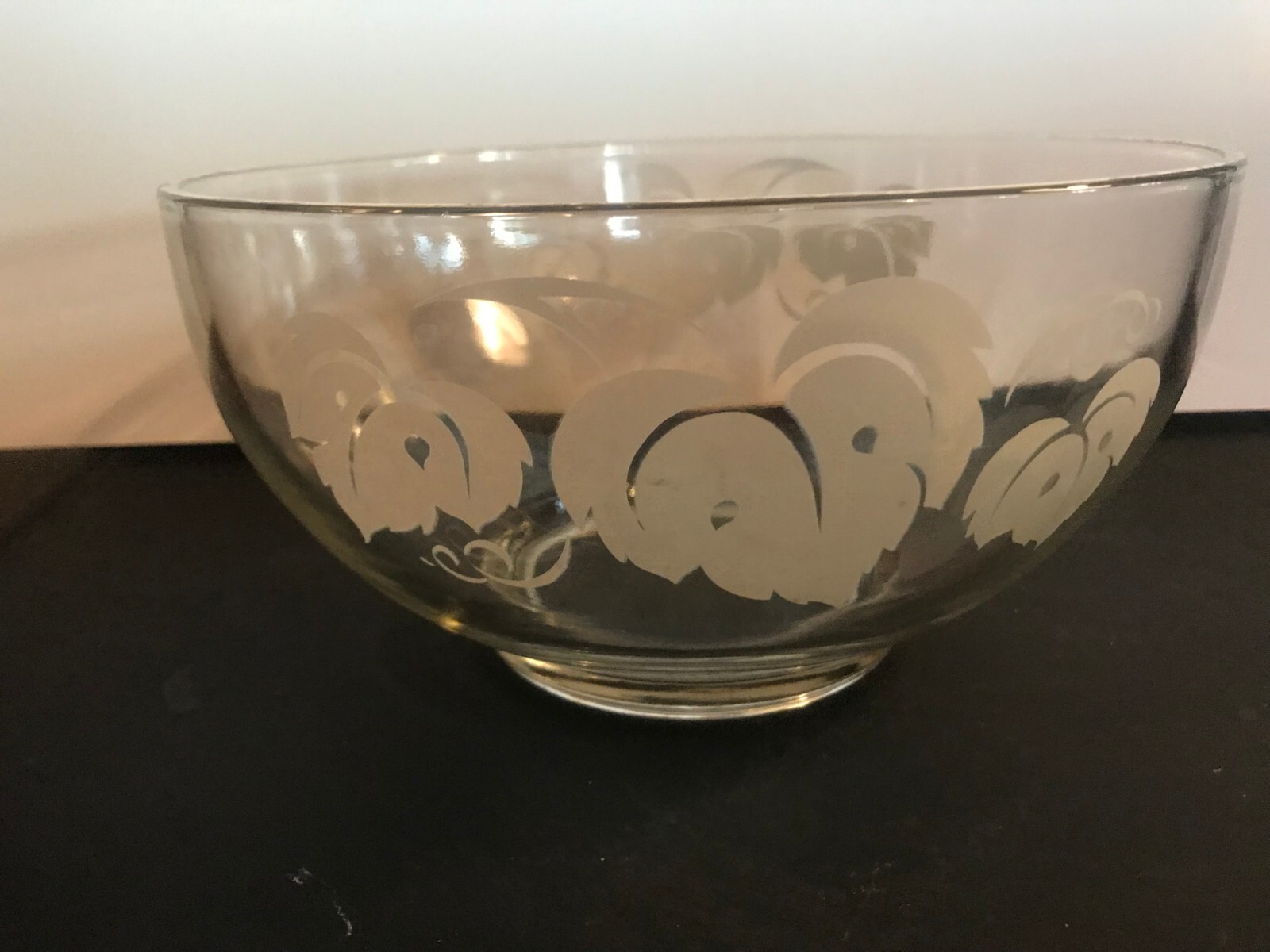 Vintage Glass Gooseberries Print Punch Bowl Set White Leaves with Gold Rim