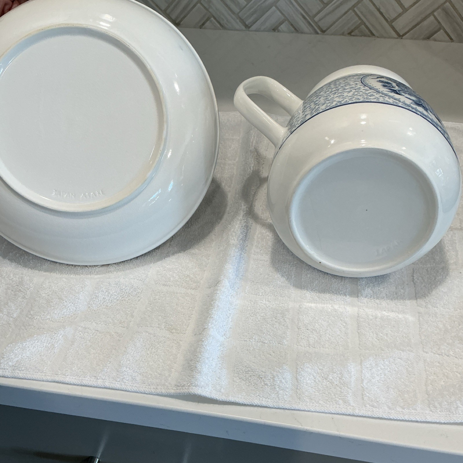 Blue & White Floral Ceramic Handled Pitcher/Creamer w/ Round Saucer Set (2)