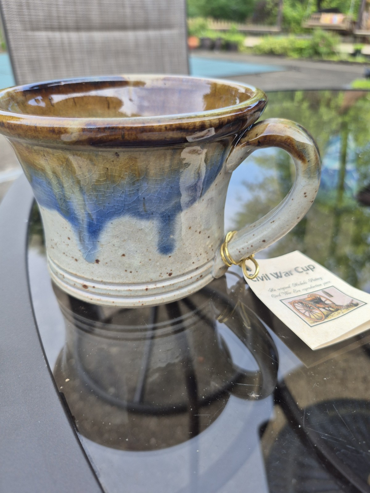 NICHOLS POTTERY Brown Tan Blue Stoneware Civil War Cup – North Carolina – W/ Tag