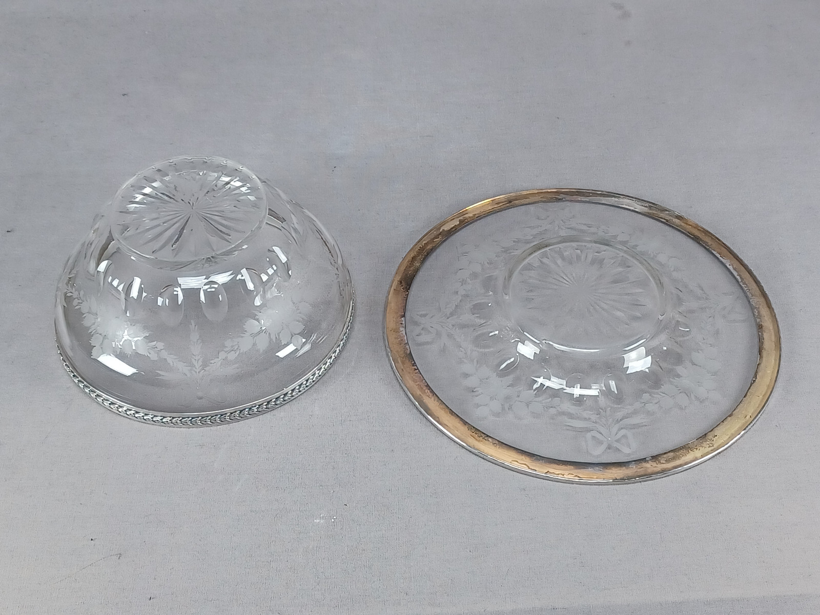 Emile Langlois Paris Engraved Rose Bows Glass Silver Rimmed Bowl & Under Plate