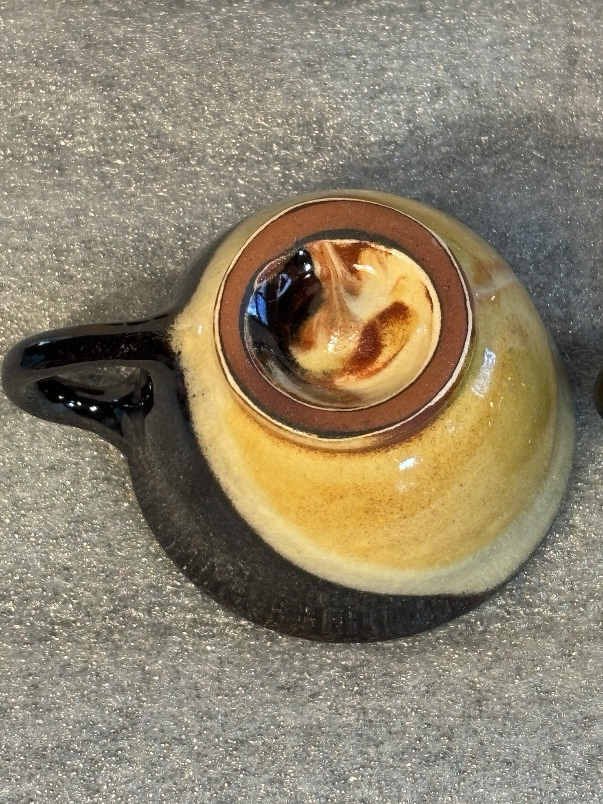 Studio Ceramic Pottery 2 cups & 2 Saucers Hand-Made Black Brown Yellow