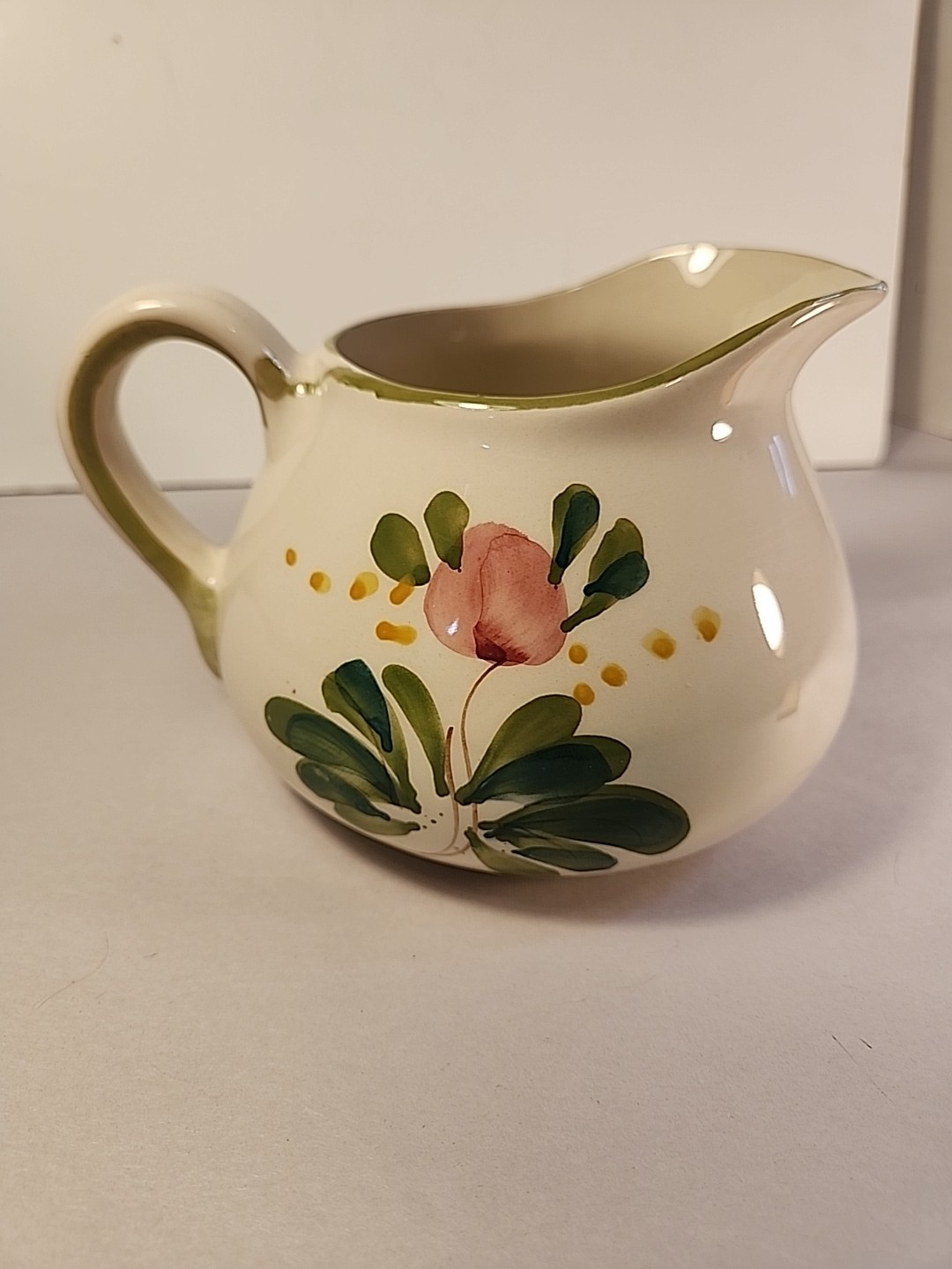 Secla Portugal Pottery Squat Pitcher Hand Painted Floral Vtg Cream Red Green