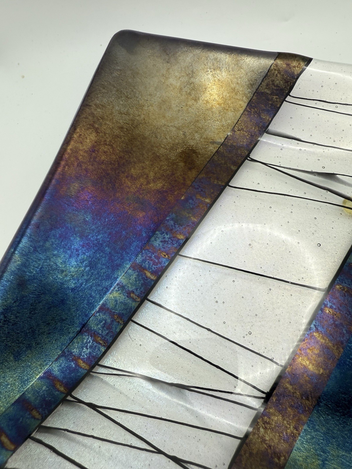 Chris Paulson Art Glass Square Tray Plate Signed Dichroic Fused Iridescent 9.25″