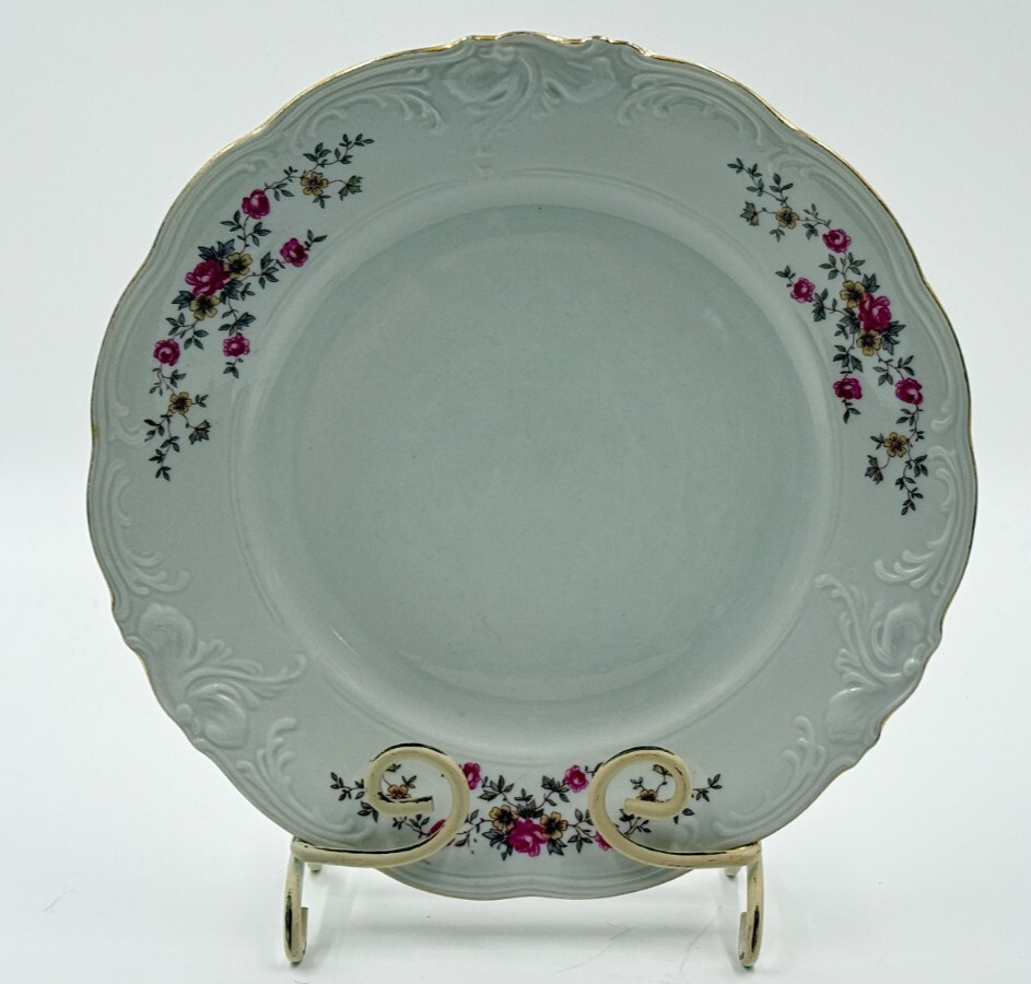 Walbrzych Bone China Rose Bud Gold Rim Dinner Plate 10.25″ – Poland