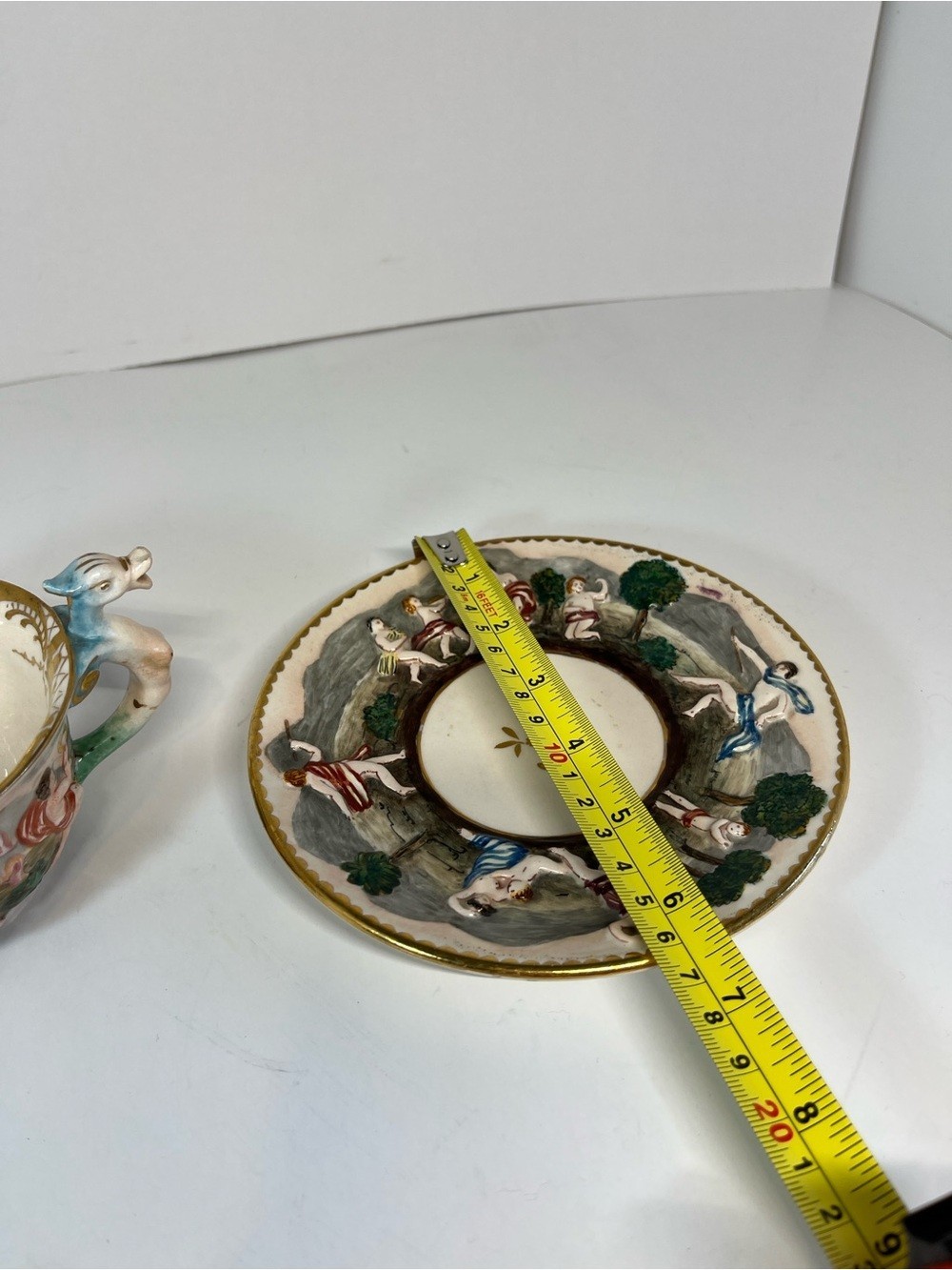 Vintage Capodimonte Italy Demitasse Teacup & Saucer MAS Cherub Dragon Handle MCM