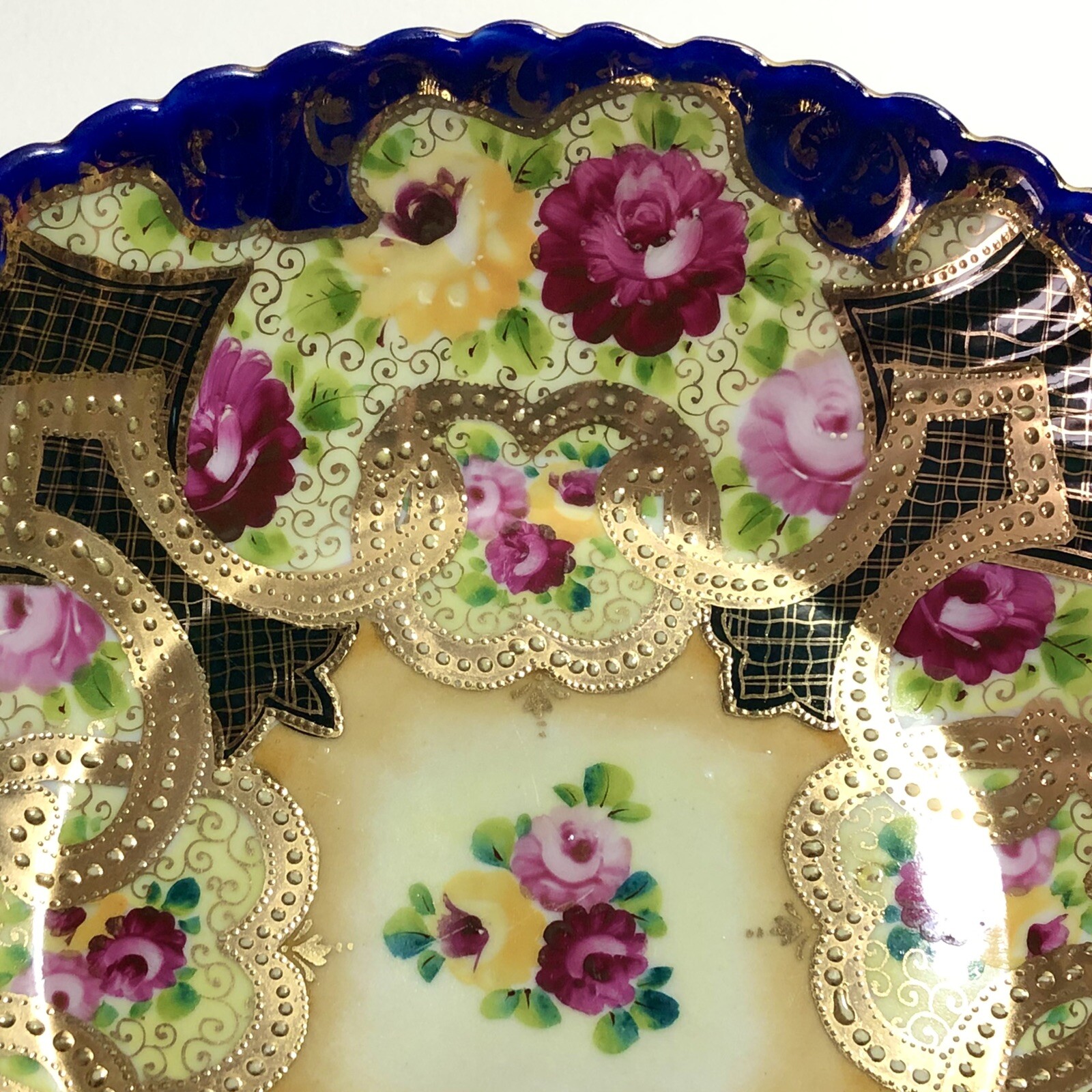 Antique Nippon Hand Painted Gold Cobalt Blue PINK & YELLOW FLOWERS Serving Bowl