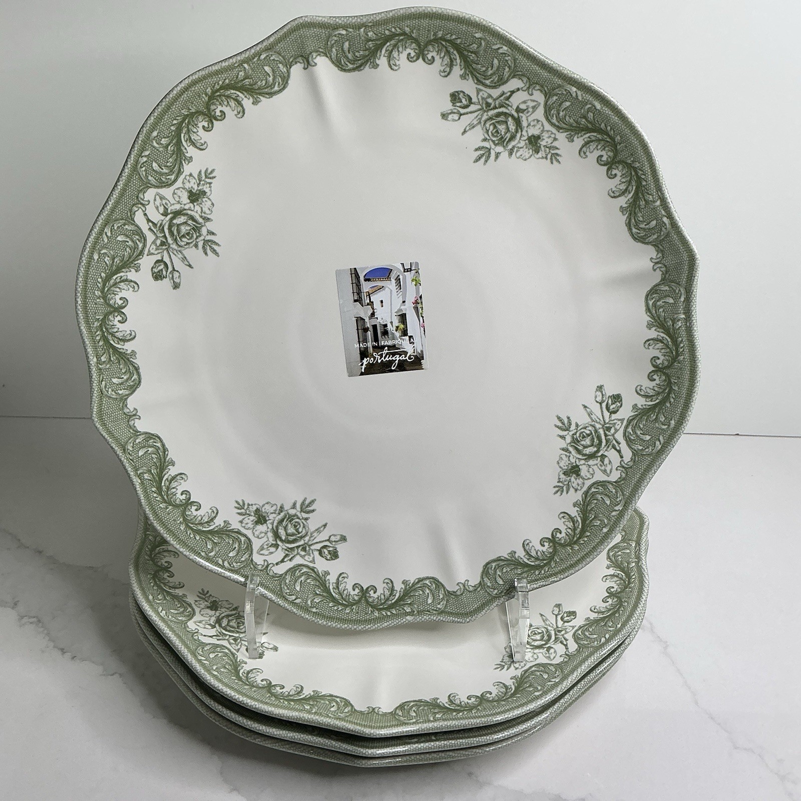 4 Matceramica Stoneware Dinner Plates Green Rose Scalloped 11” Portugal New
