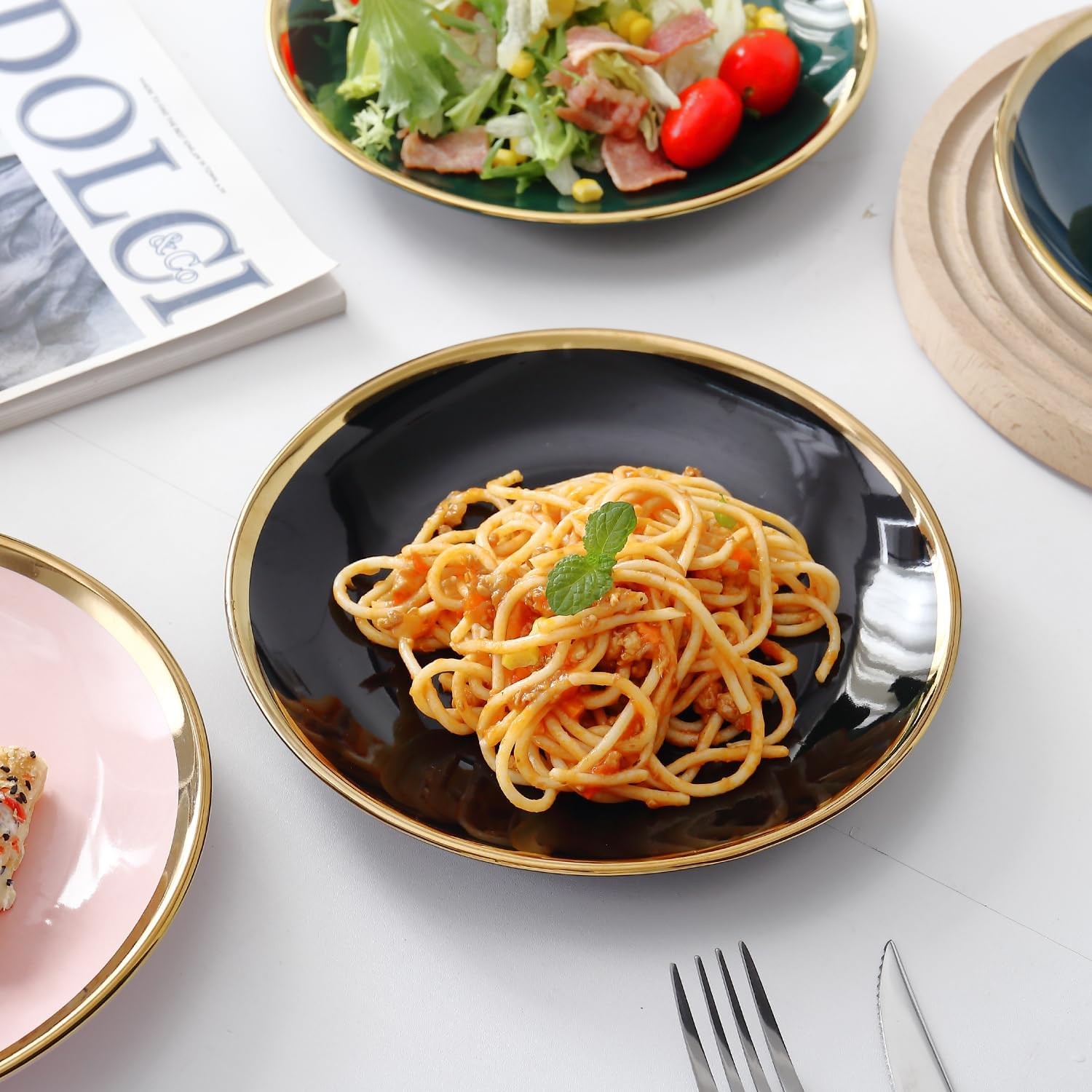 Dinner Plates, Set of 6, 8 Inch, Black Porcelain with Gold Trim, Small Plates, B