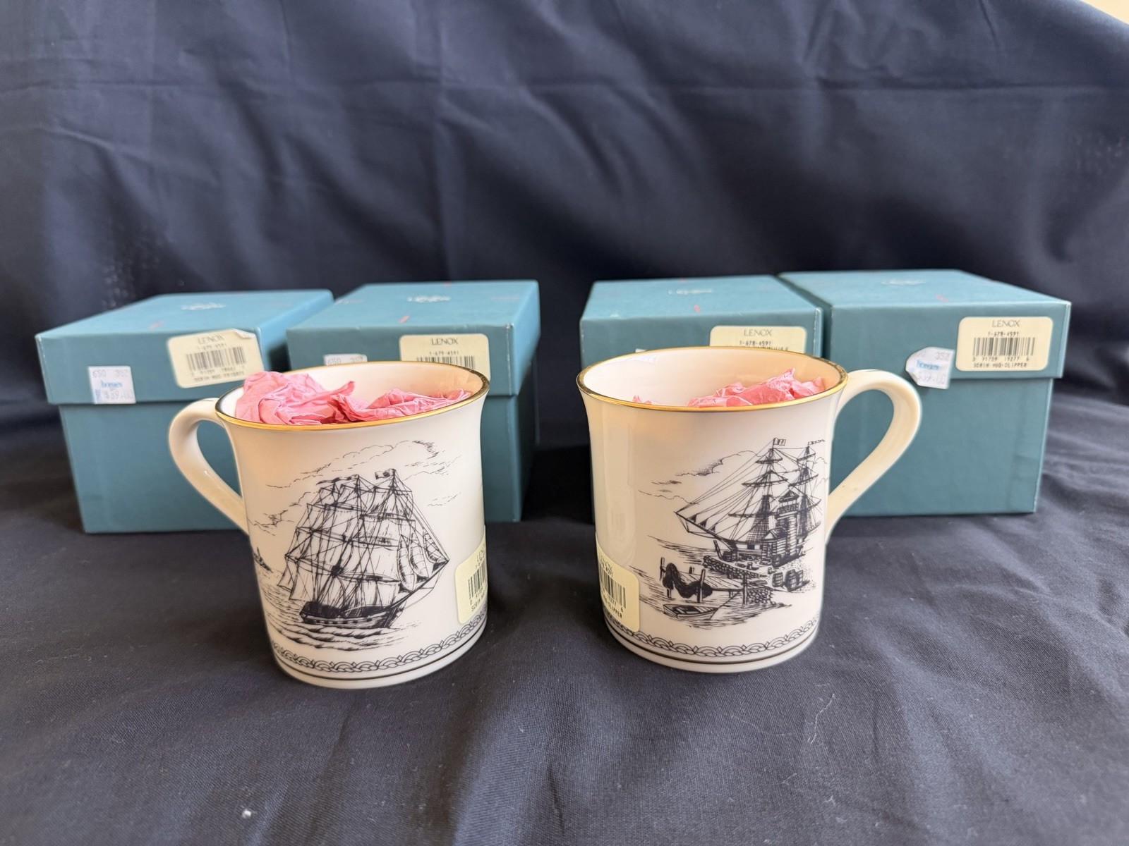 Lenox scrimshaw Mugs. 2 Frigate, 2 Clipper NEW in Original Box