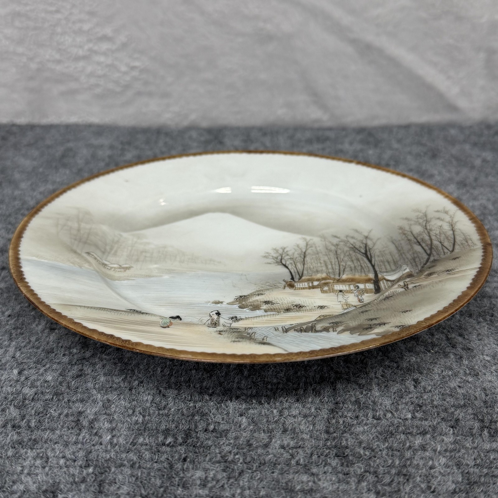 VTG 1930s Japanese Kutani Porcelain Plate 8.5″ Asian Landscape Gold Rim Scenic
