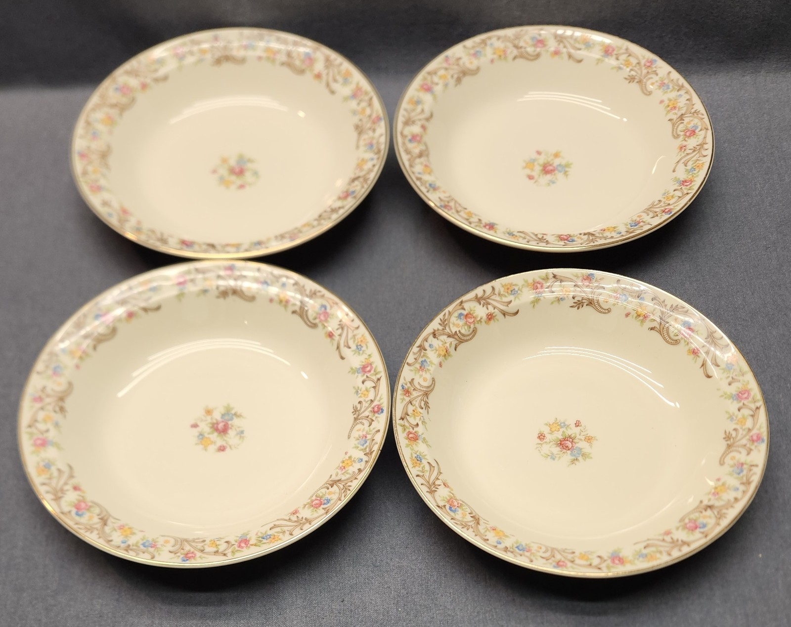 4 Vintage Taylor Smith Taylor SOUP BOWL 7.75″ TS&T 1631 Scroll Rose Floral Gold