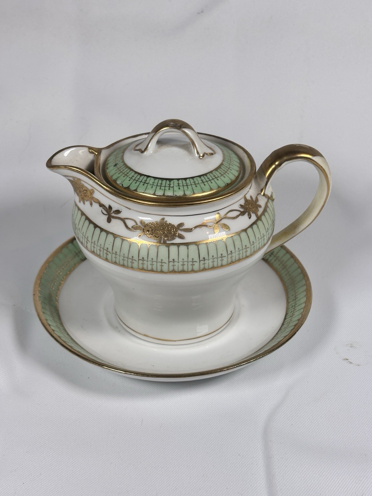 Antique Nippon Hand Painted Porcelain Creamer with lid And Saucer