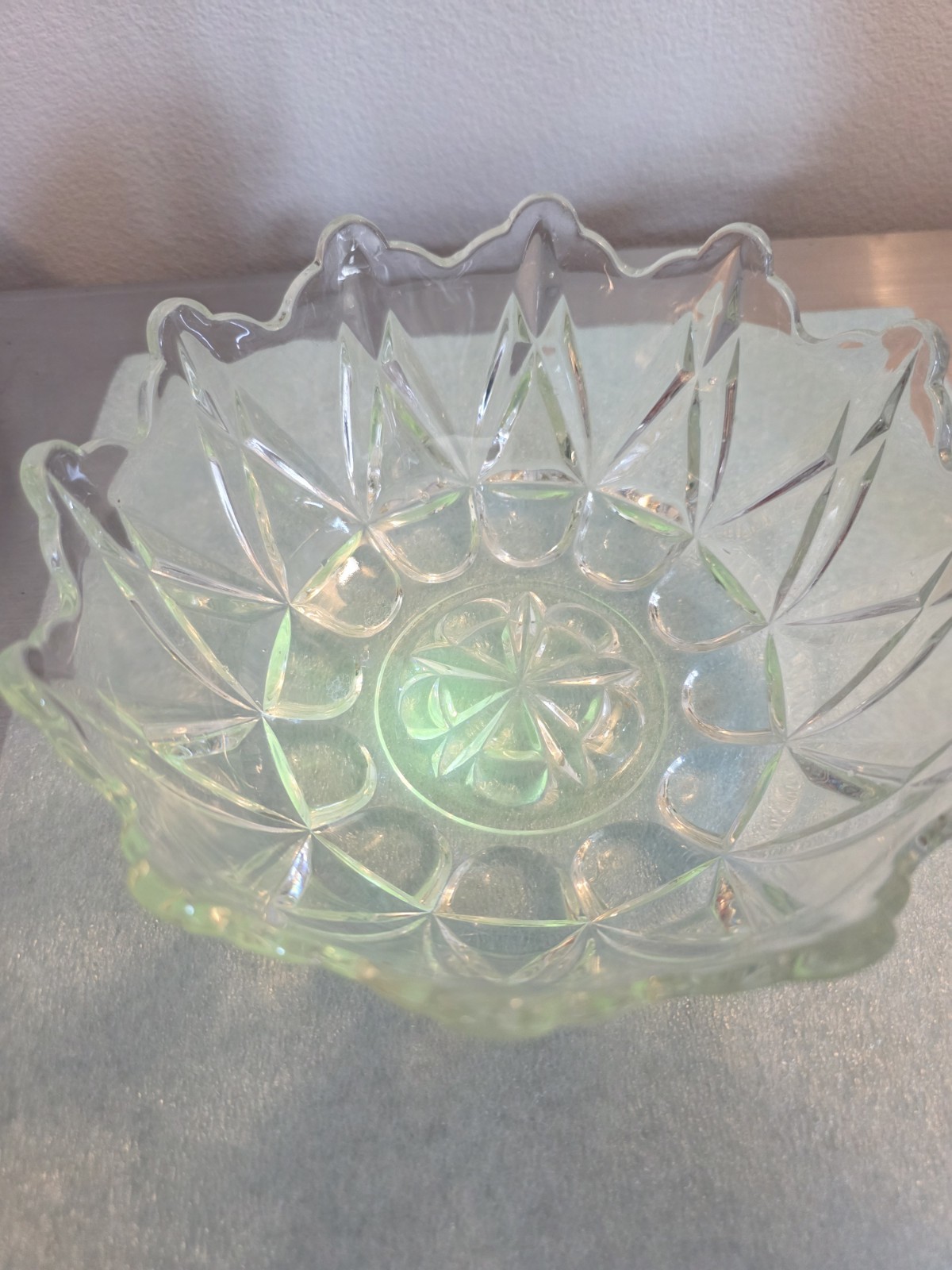 Uranium Pressed Glass Round Bowl Scalloped Rim 8 in Diameter