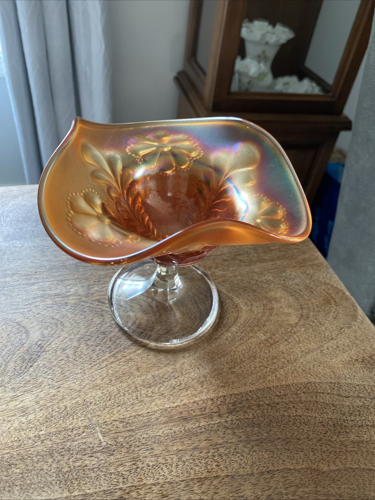 Northwood Compote/Candy Dish Marigold Carnival Glass Daisy & Plume Pattern