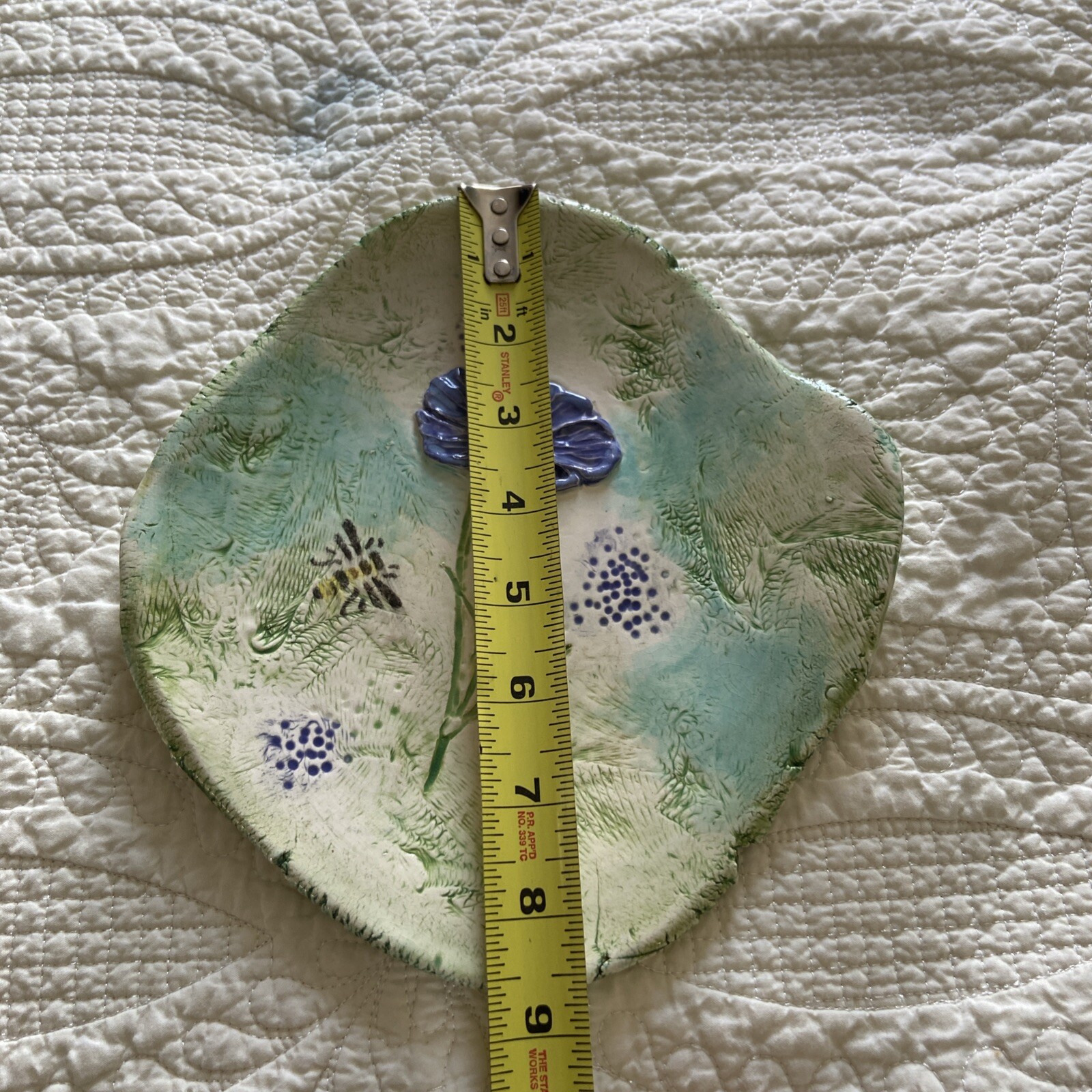 Vtg Studio Art Pottery Irregular Shape Trinket Dish Floral And Bee Textured