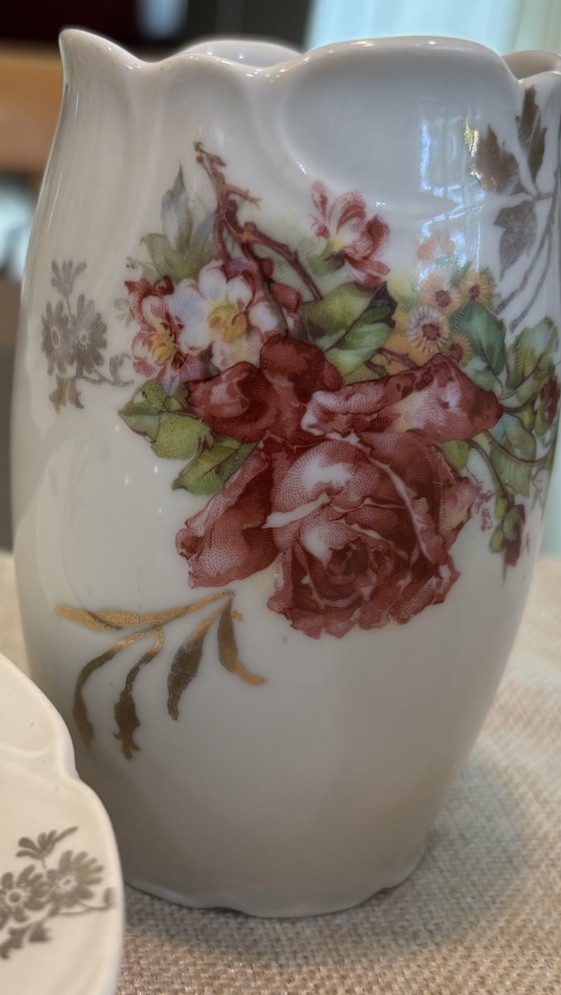 RS Prussia Hand Painted Porcelain Creamer, Butter Dish + Lid & Bud Vase Floral