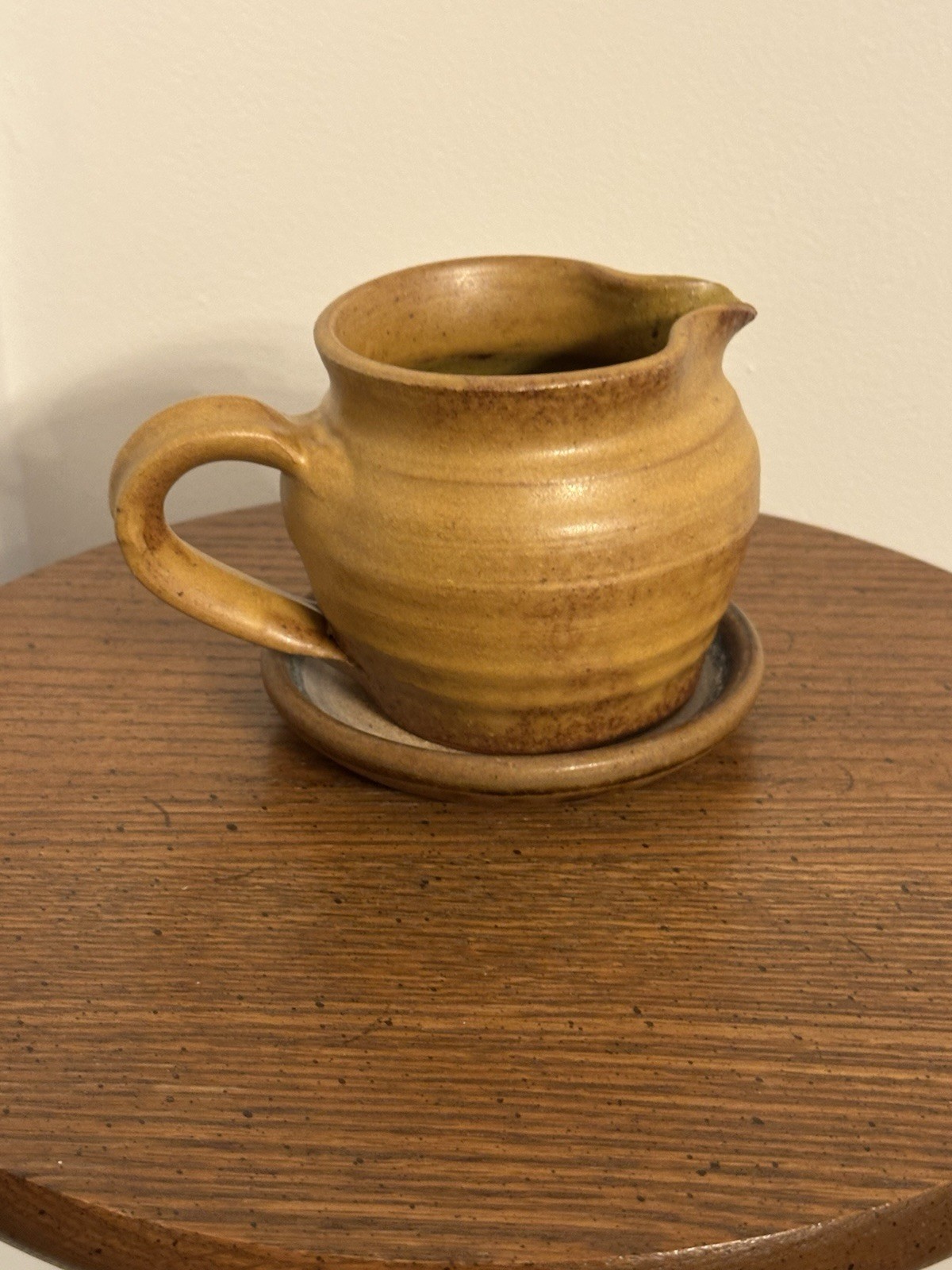 Vintage 60’s Pottery Handmade Small Brown Pitcher/Creamer with Saucer Signed MCM