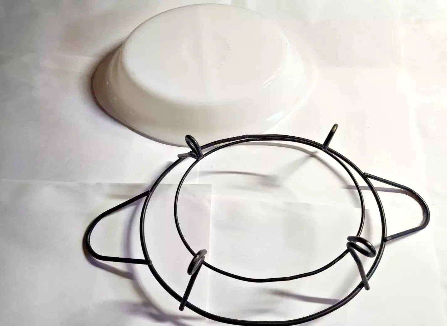 Vintage GLASBAKE J-239 WHITE Divided Oval CASSEROLE DISH & METAL SERVING STAND