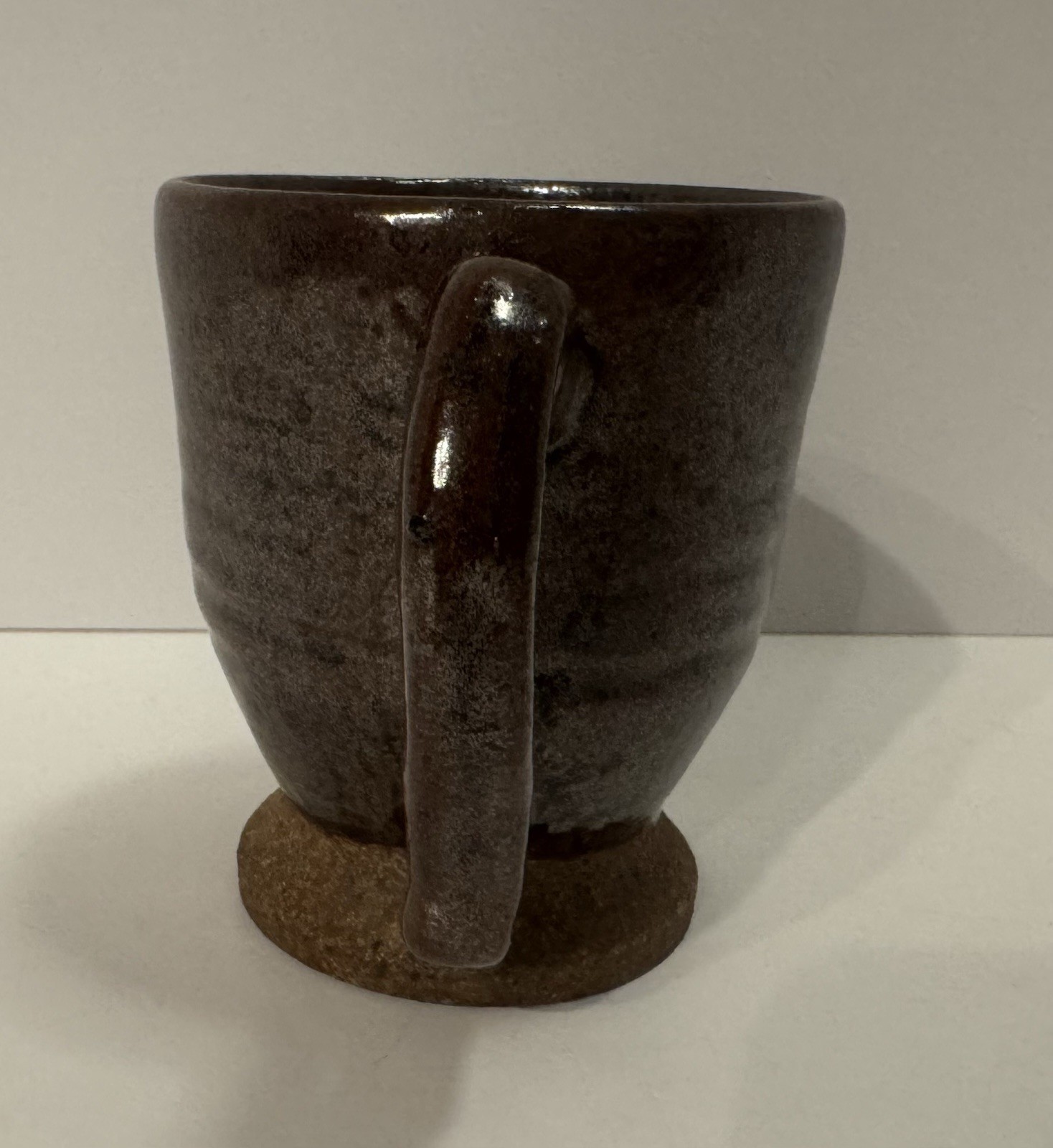 Studio Pottery Hand Thrown Stoneware Mug, Able Drip Glaze, Signed “L” 3-2017