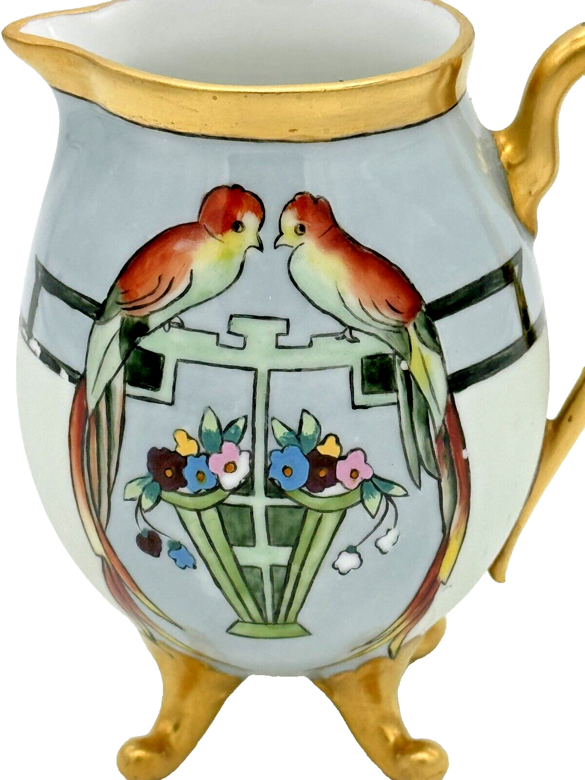 Vintage Bavarian Footed Floral Peacock Pitcher Creamer Gold Trim 4.25″ High