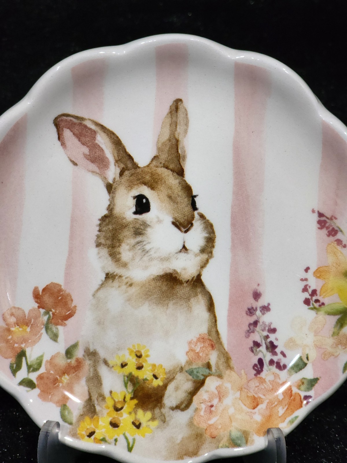 4 Pink White Floral Bunny Striped Tidbit Plates 4.4″ Ceramic Easter Watercolor