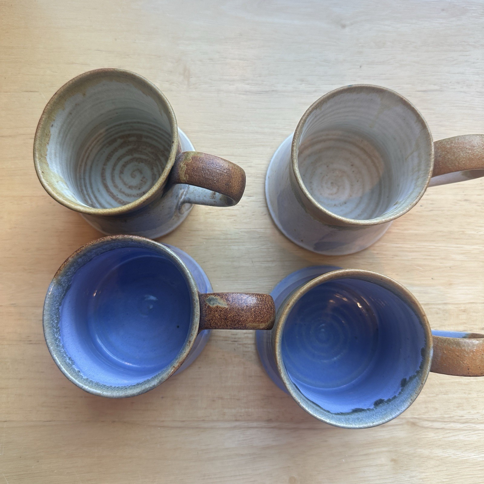 Studio Art Pottery Mugs Set 4 Signed KH Blue Beige Brown Hand Thrown Drip Glaze