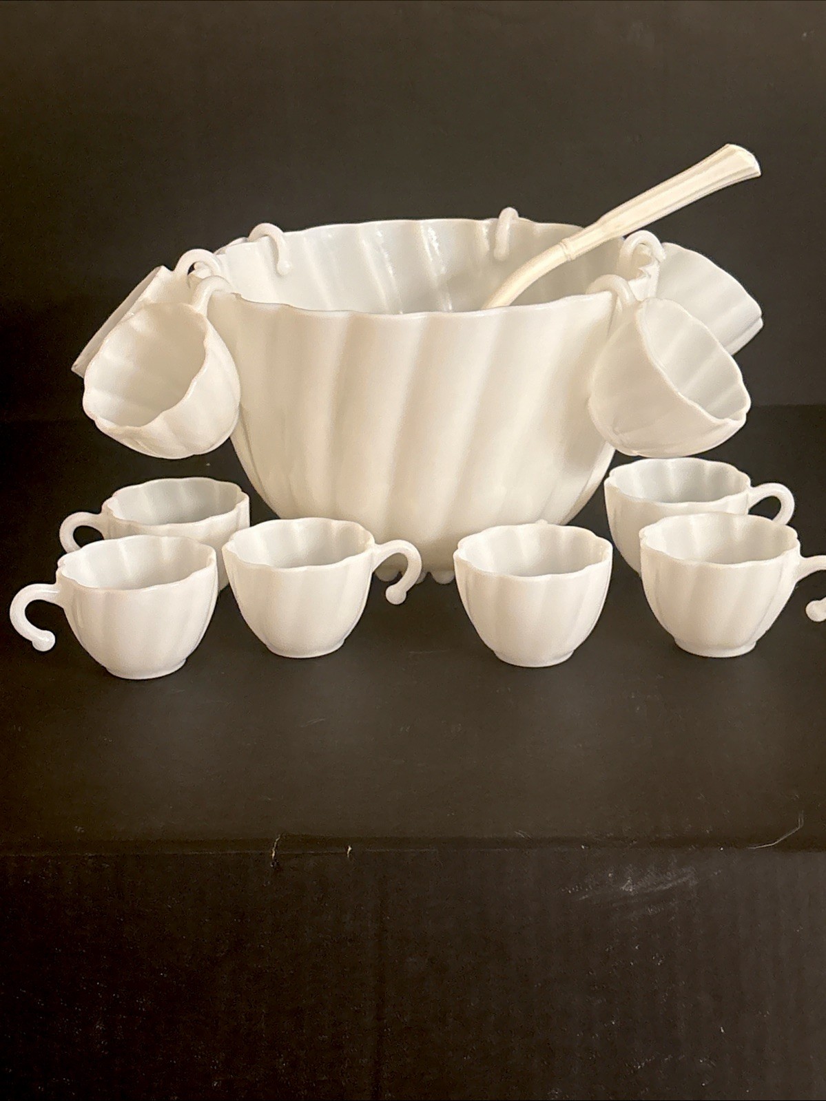 Vtg Hazel Atlas Milk Glass Alpine White Swirl Punch Bowl 12 Cups W Vtg Ladle