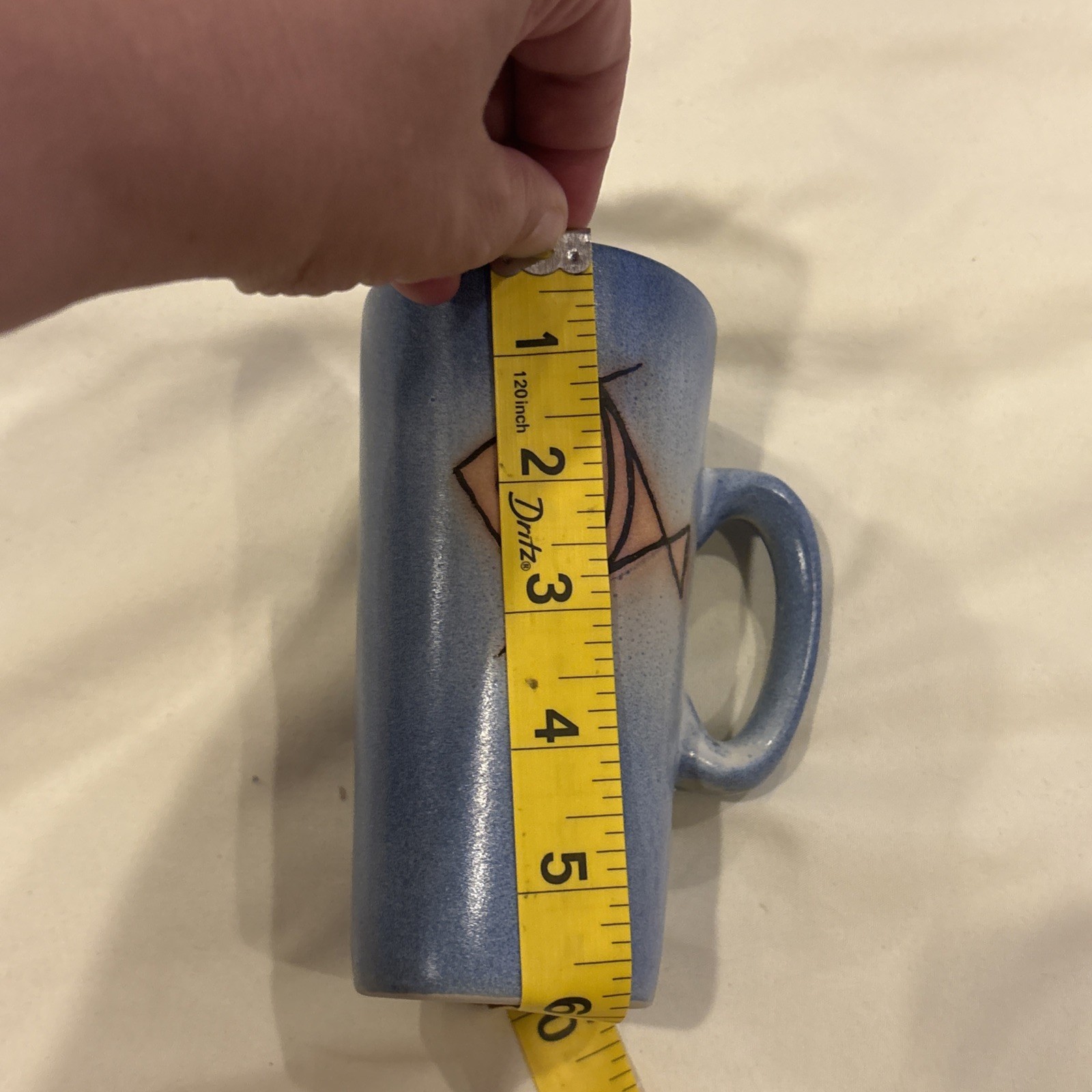 Studio Art Pottery Signed Blue Fish Coffee Tea Mug Handmade 5.7” Tall