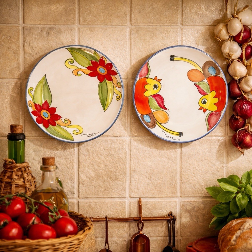 Nino Parrucca Signed VTG Italian Hand Painted Bird Floral Wall Plates Set 2