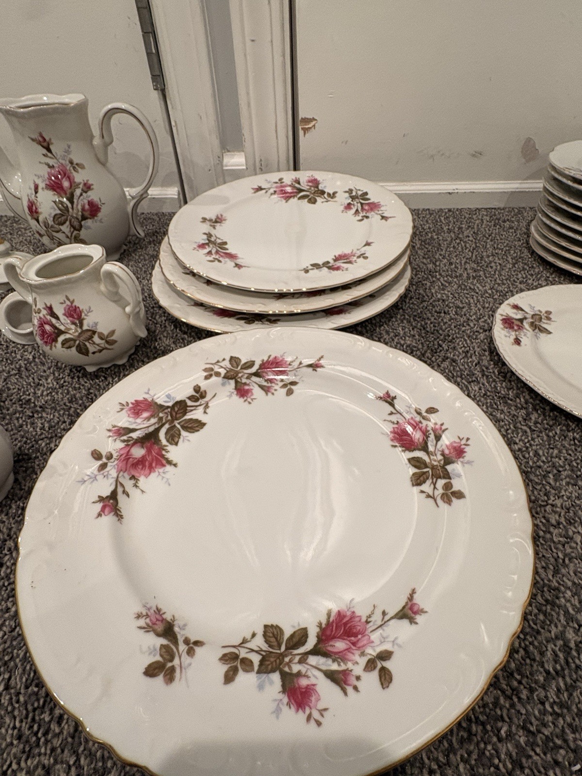 Unmarked Porcelain Floral Dinner Set White/Pink/Green w/ Gold Trim Teapot