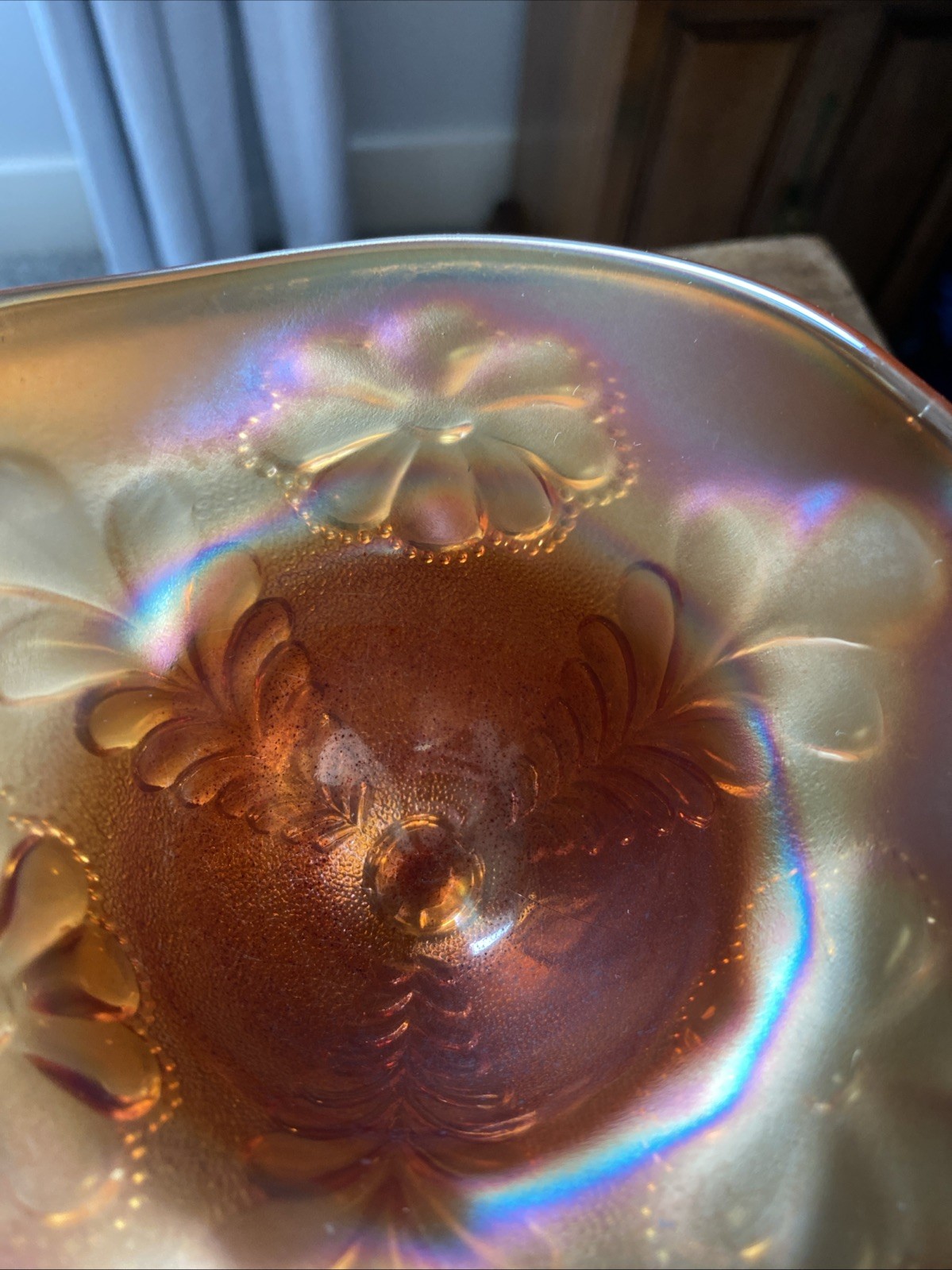 Northwood Compote/Candy Dish Marigold Carnival Glass Daisy & Plume Pattern