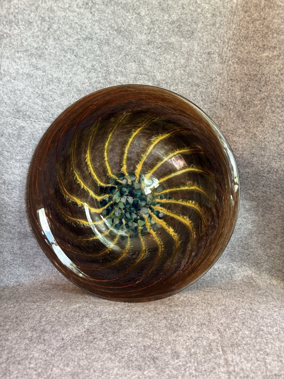 Contemporary Piece Of Art Glass Featuring A Swirling Design Brown, Blue & Yellow