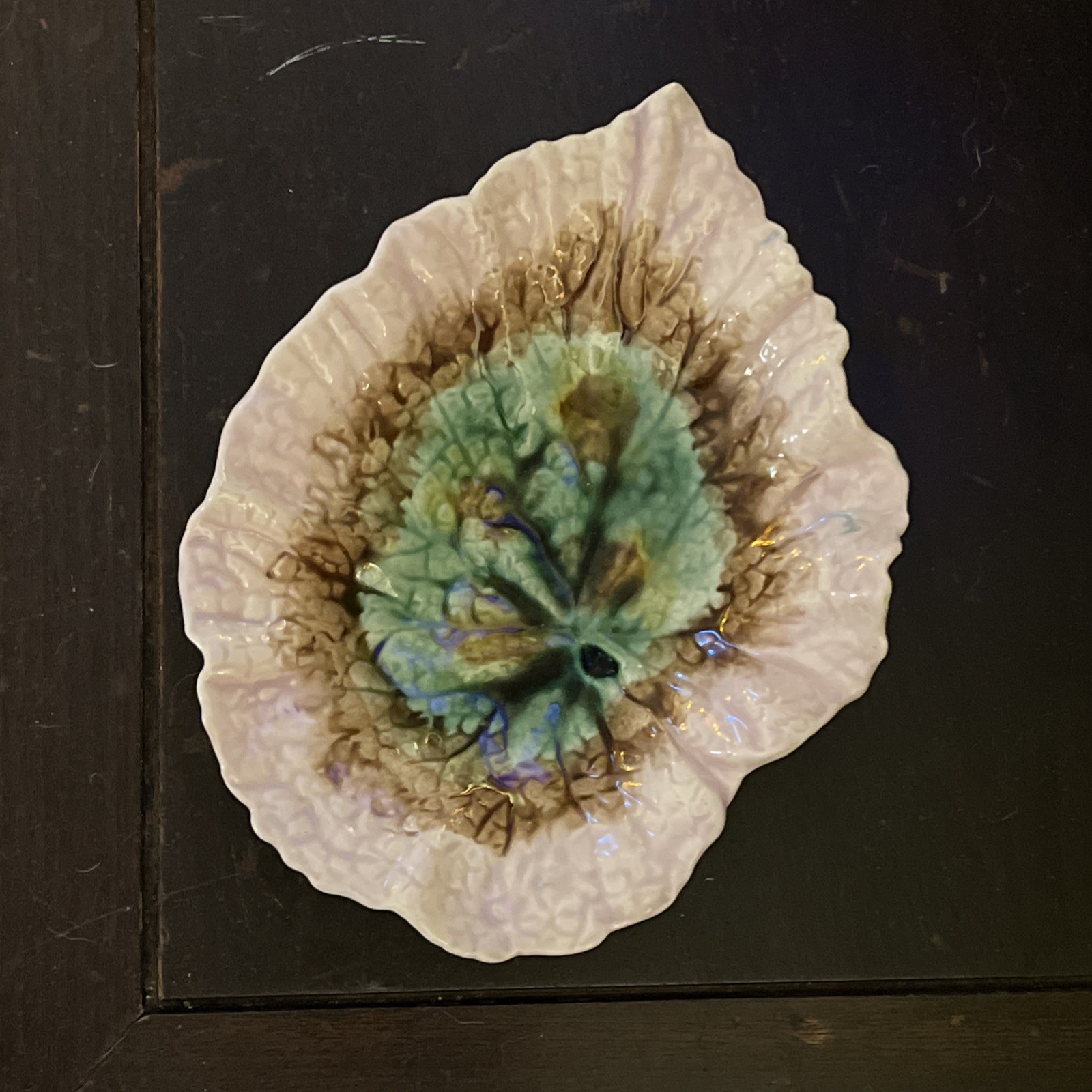 Antique 1880 Majolica Pottery Etruscan Begonia Leaf Dish Griffin Smith Hill Pink