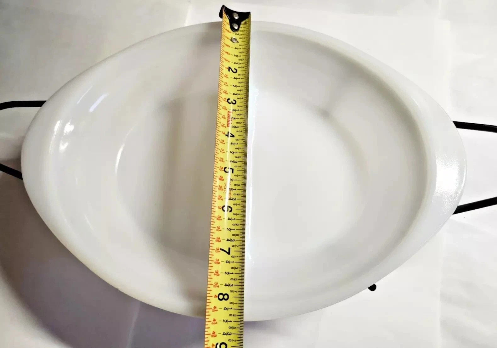 Vintage GLASBAKE J-239 WHITE Divided Oval CASSEROLE DISH & METAL SERVING STAND