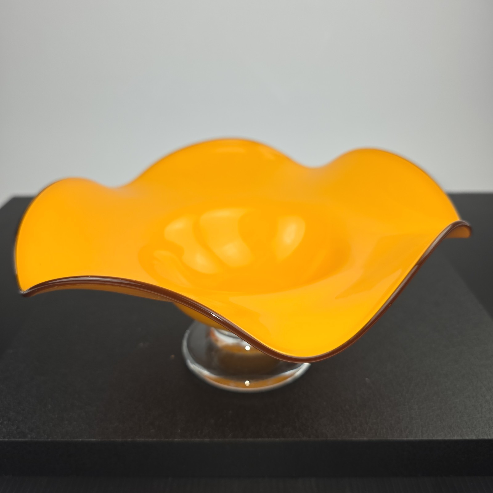 Vintage 1970s Teleflora Ruffled Tango Bowl Orange Art Glass Pedestal Centerpiece