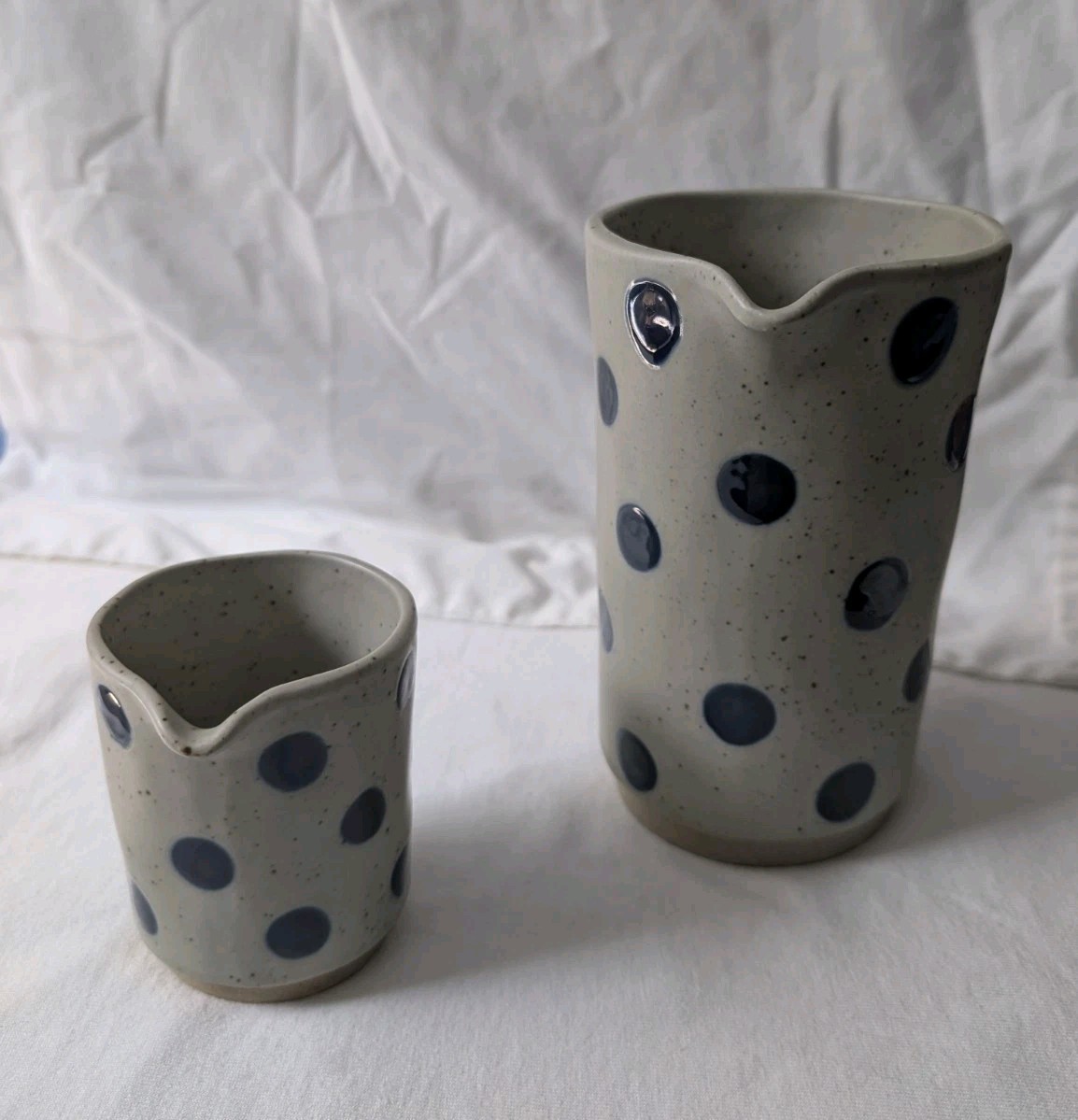 Polka Dot Ceramic Creamer Pitcher Set/2 Audrey Cottagecore Stonewear Gift NWT