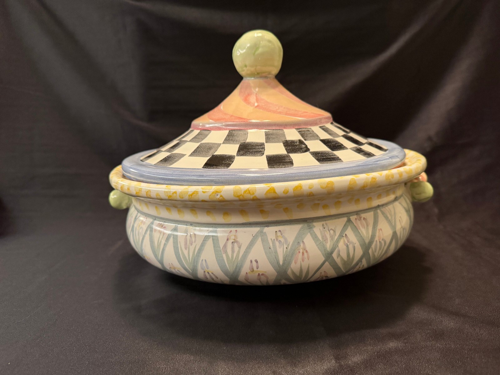 MacKenzie Childs Bearded Iris Large Soup Tureen – Checked Pattern ~ 13.5″ x 9.5″