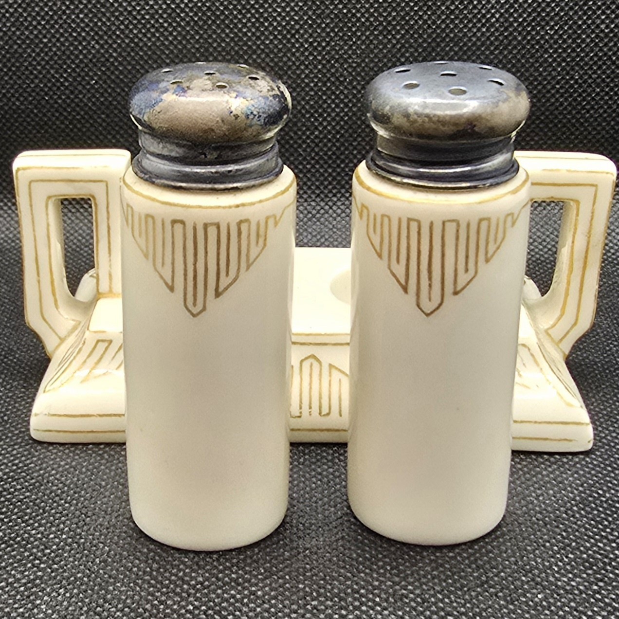 Antique 1906 Lenox Belleek Porcelain Salt & Pepper Shaker Set w/ Stand Art Deco