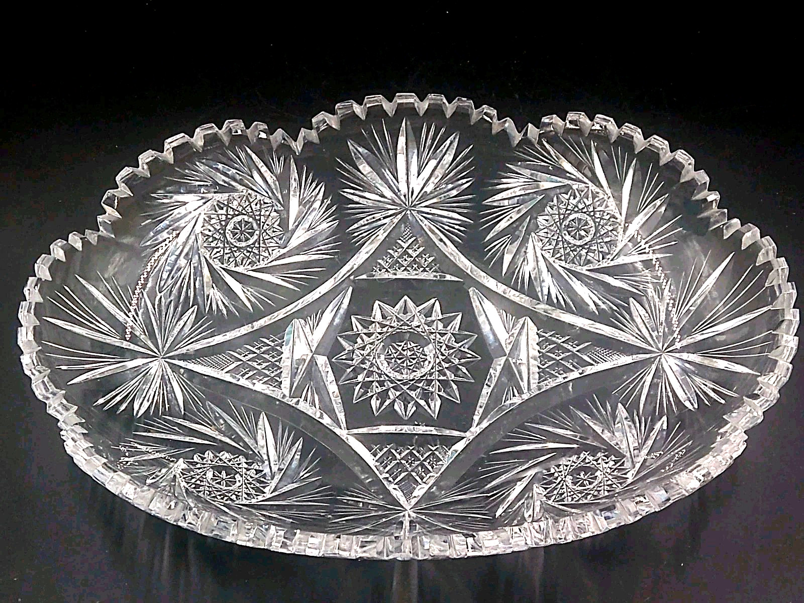 Antique American Brilliant ABP cut crystal Oval bowl Dish swirling star 12″
