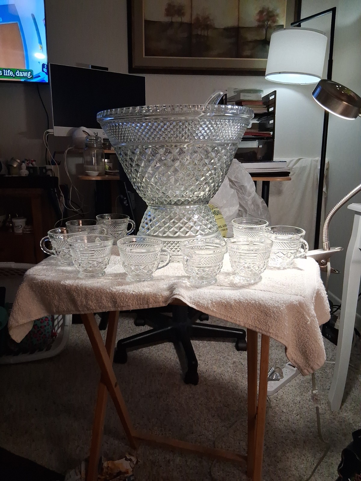 Vintage Anchor Hocking Wexford Glass Punch Bowl & Stand