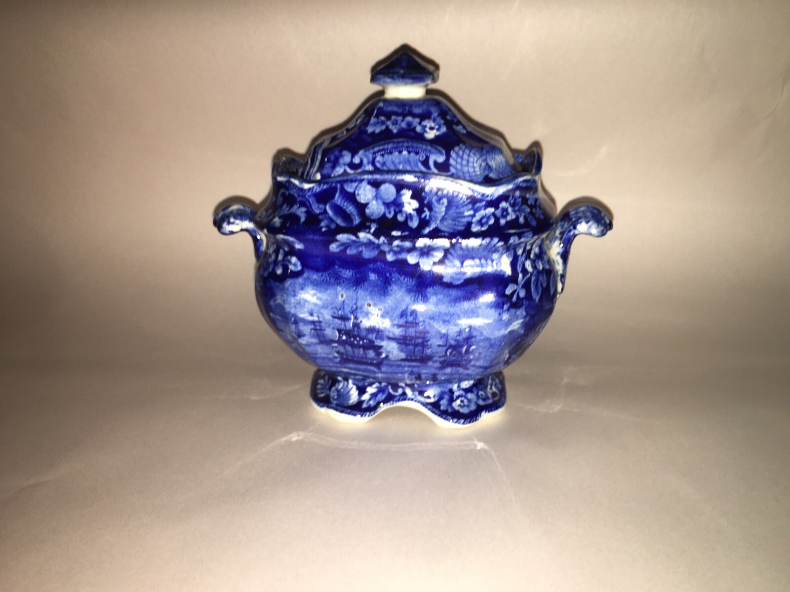 LA3 Historical Staffordshire Dark Blue Sugar Bowl Macdonoughs Victory Ca. 1825