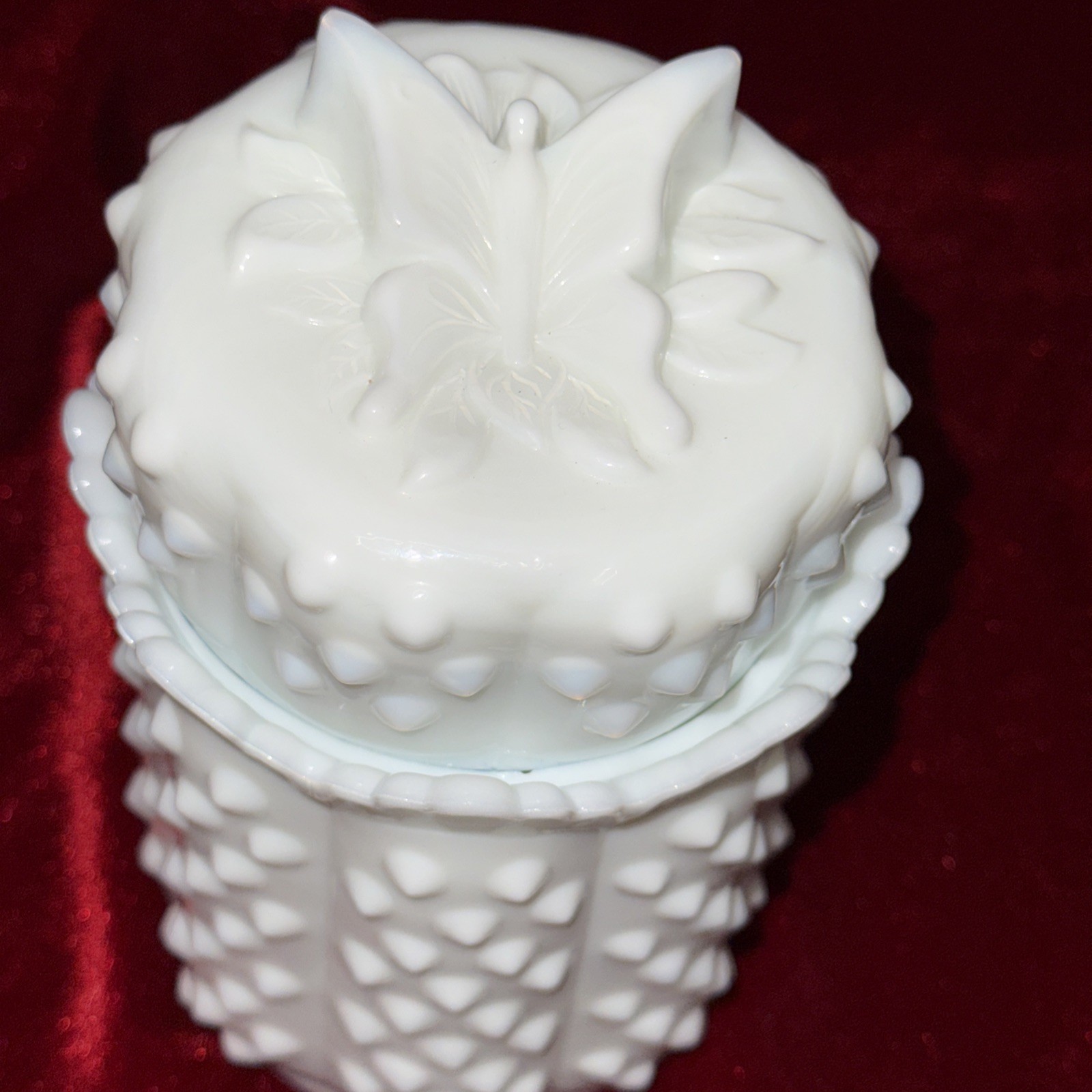 Vintage 6” Fenton 1970s Milk Glass Hobnail Jar Butterfly Lid Scalloped Edge