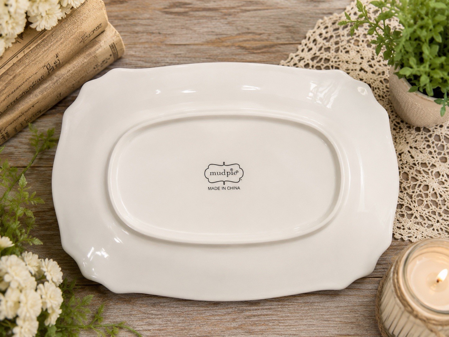 Mud Pie Ceramic Platter Botanical Leaf Border Glossy Decorative 12 in
