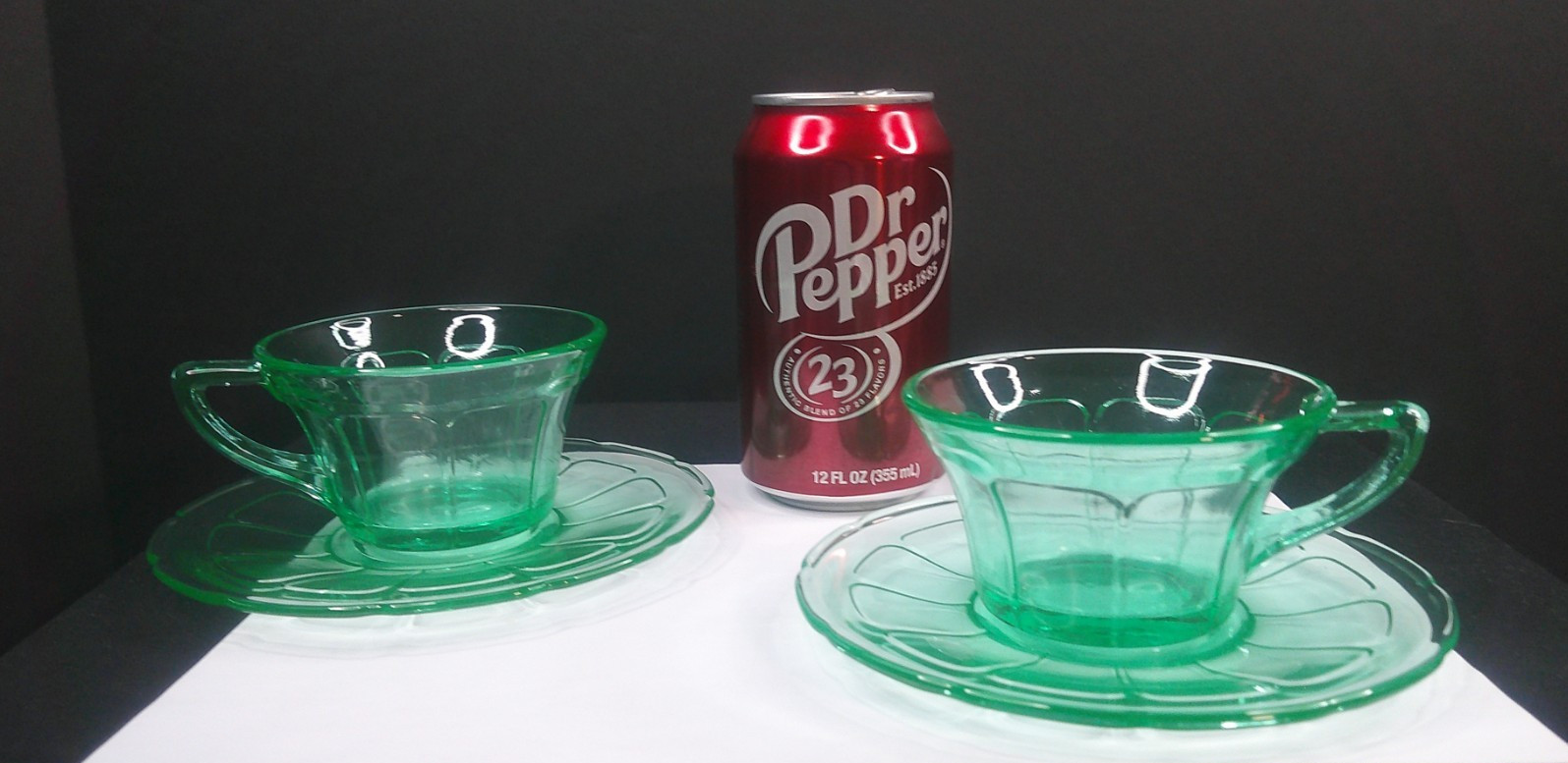 Uranium, Diamond Glass Co, Victory, Green, Cup & Saucer Sets, (2), c 1929, ExCd
