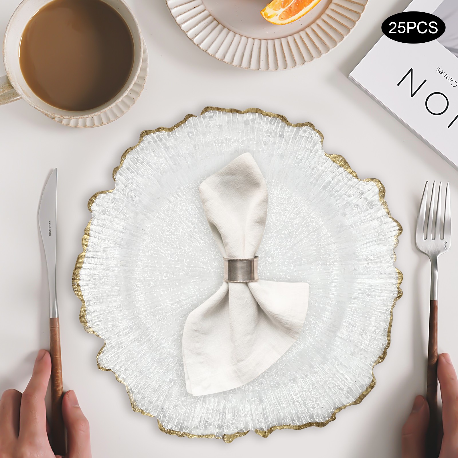 Gold Flower-like Rim Sturdy Round Charger Plates Wedding Party Dinner Supplies